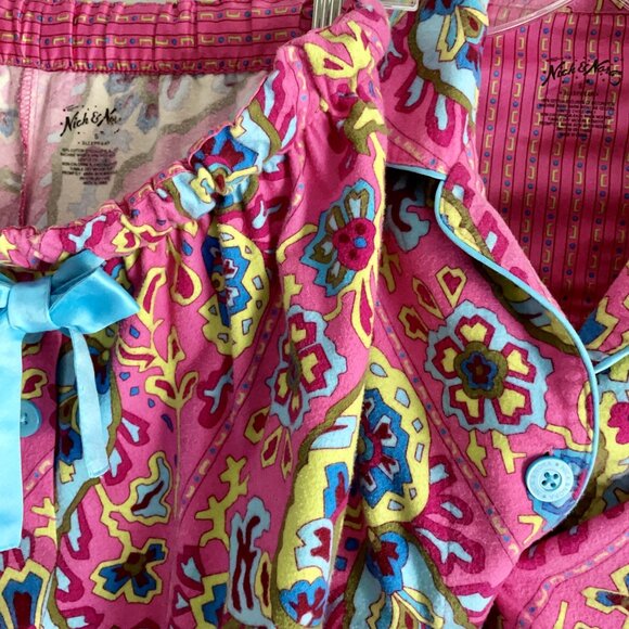 Nick & Nora VTG Flannel Print Pajamas 2 Piece SET Size S Pink Paisley Top Pants - Picture 5 of 16
